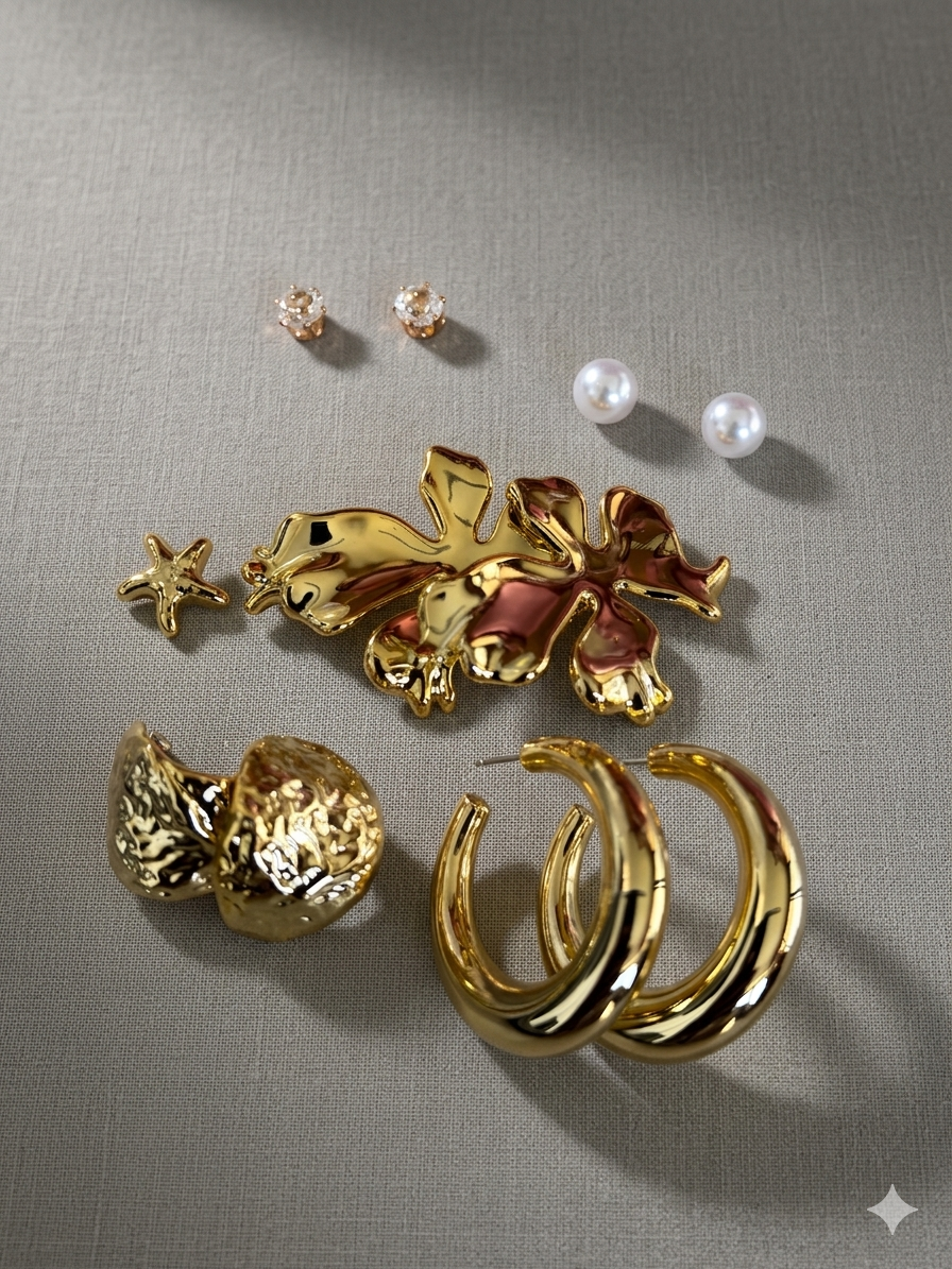 Golden Blossom & Pearl Earrings Combo Set for Women