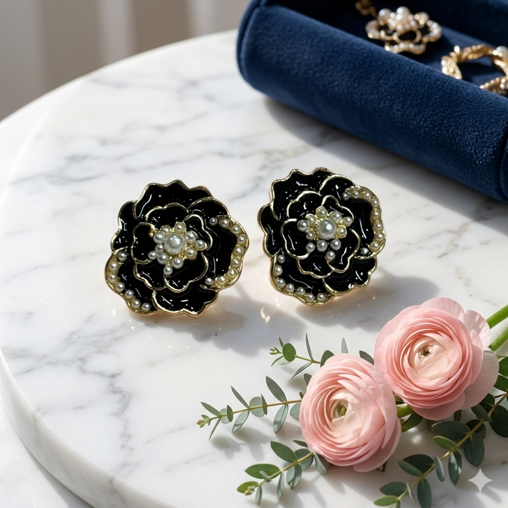 Black Enamel Flower Pearl Stud Earrings