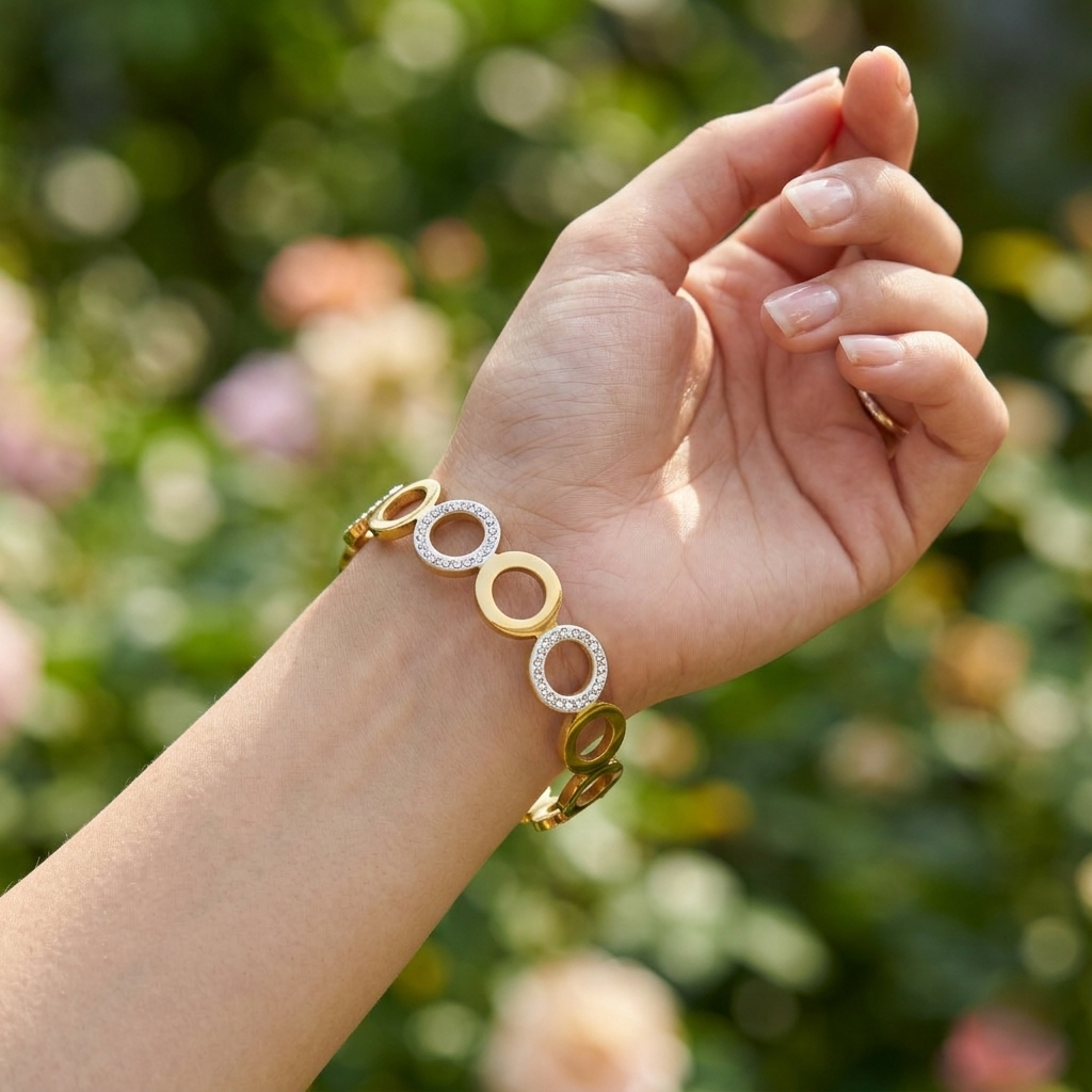Gold Plated Circle Link Bracelet with Crystal Detailing