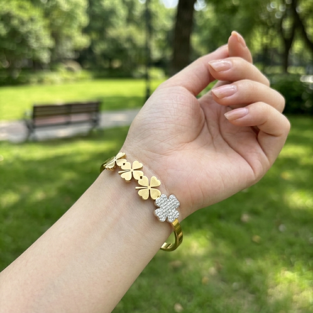 Gold Four Leaf Clover Charm Bracelet for Women