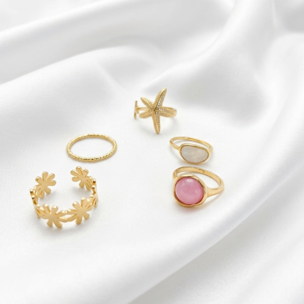 Golden Blossom Charm Ring Set – 5 Pcs Elegant Designer Combo