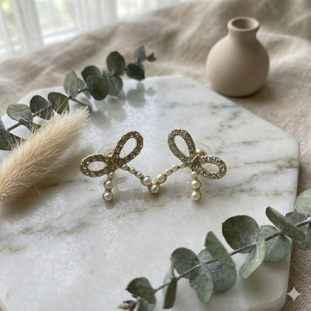 Diamond and Pearl Bow Stud Earrings