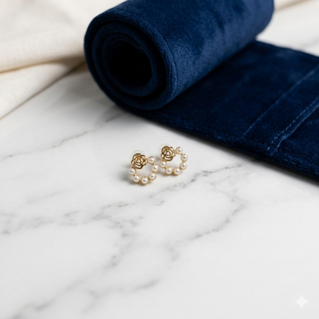 Gold Rose Pearl Stud Earrings