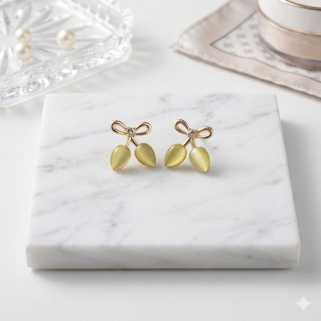 Gold Tone Cherry Bow Stud Earrings