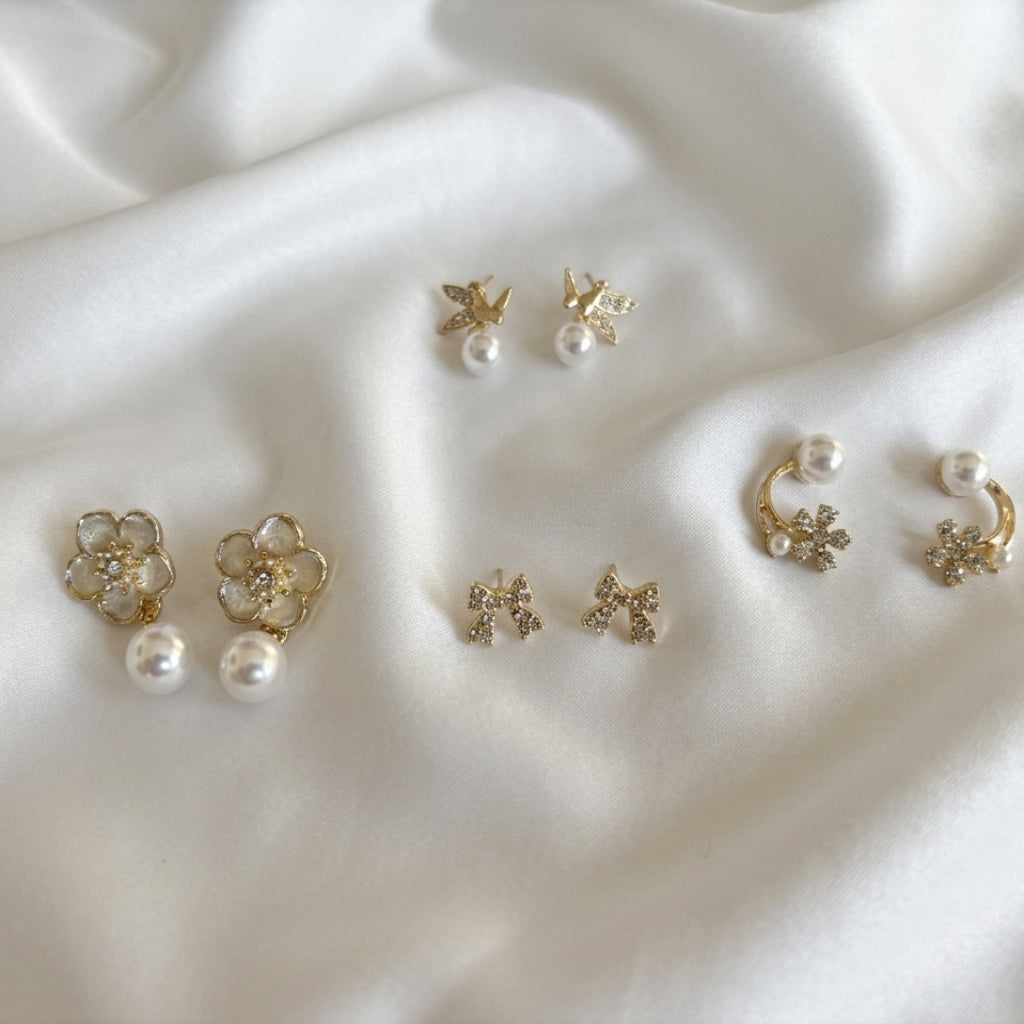 Golden Blossom Pearl Earrings Collection: An Elegant Blend of Butterfly, Bow, and Floral Designs