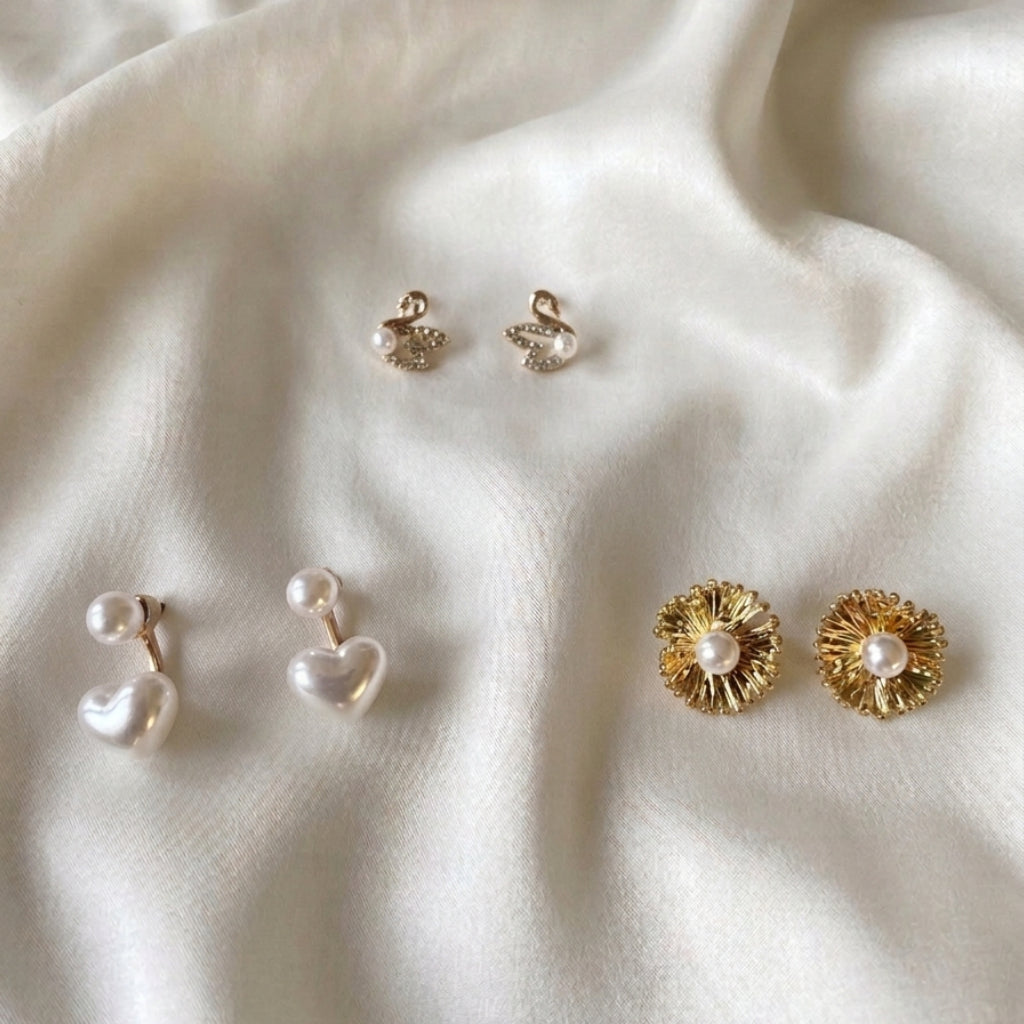 Women's Pearl Blossom and Swan Earrings Set