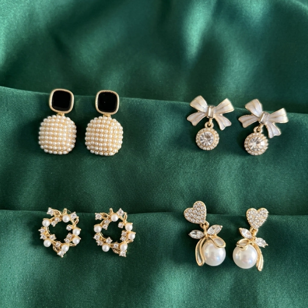 Combination of Royal Pearl and Crystal Statement Earrings