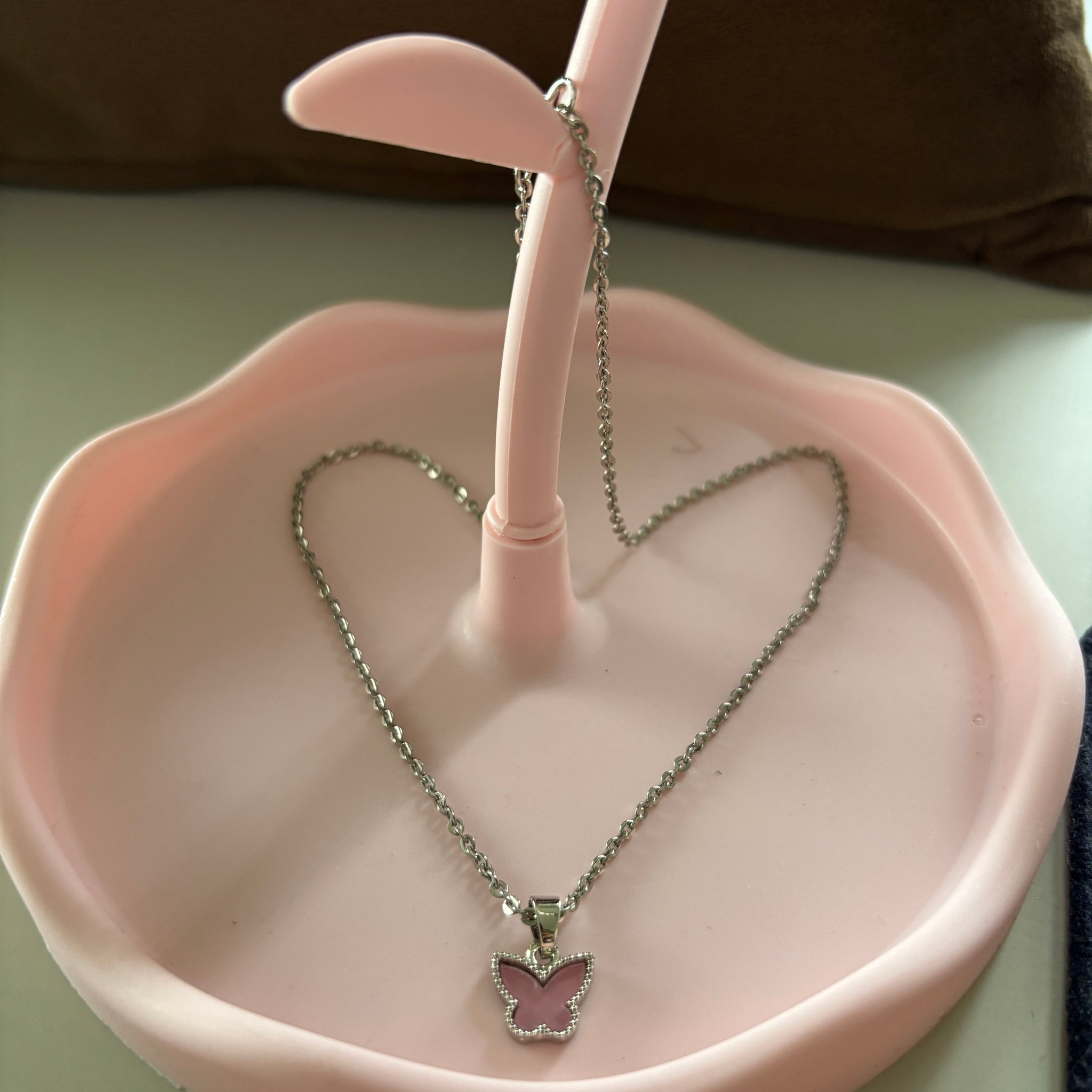 Pink Butterfly Pendant Silver Necklace