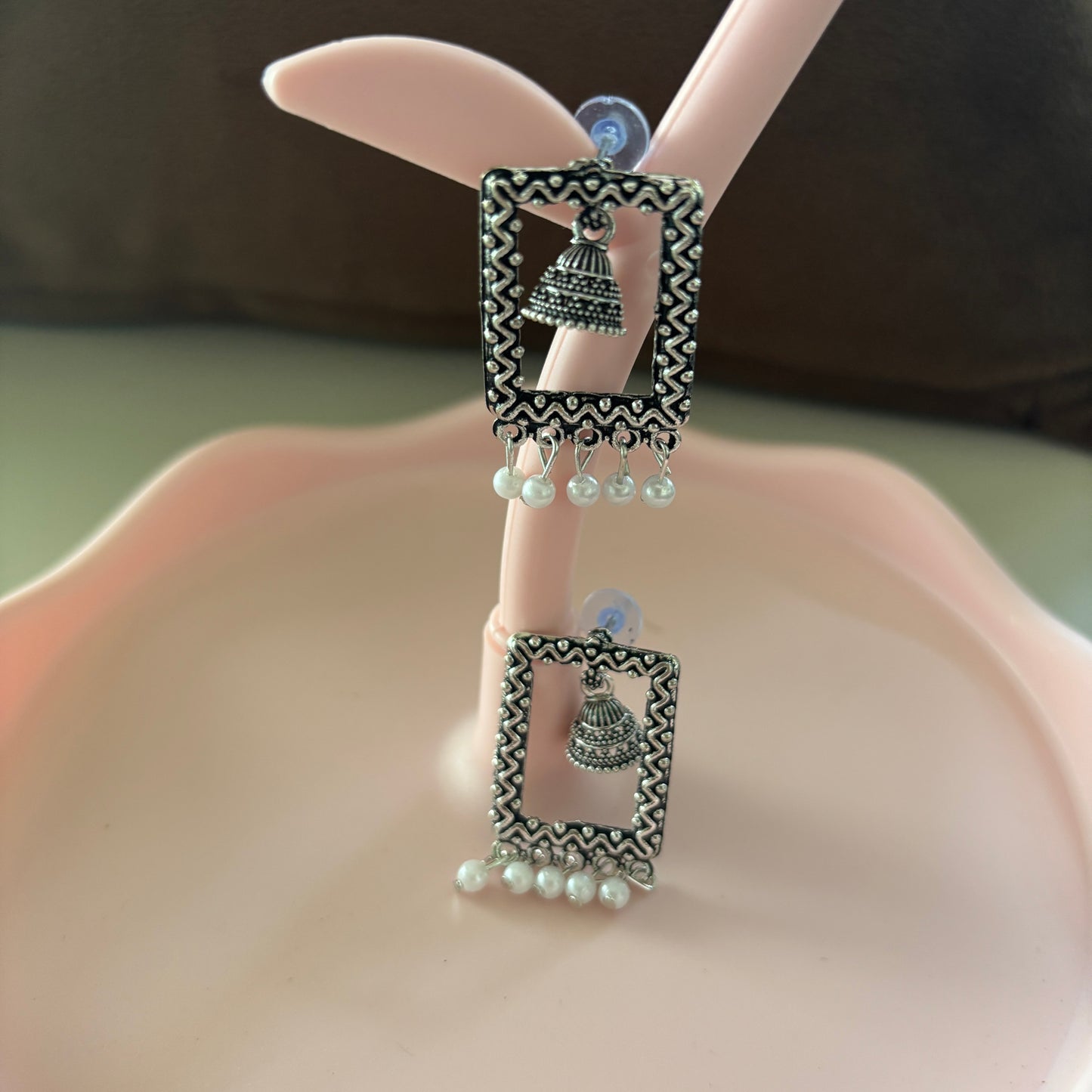 Silver Rectangular Frame Jhumka Earrings