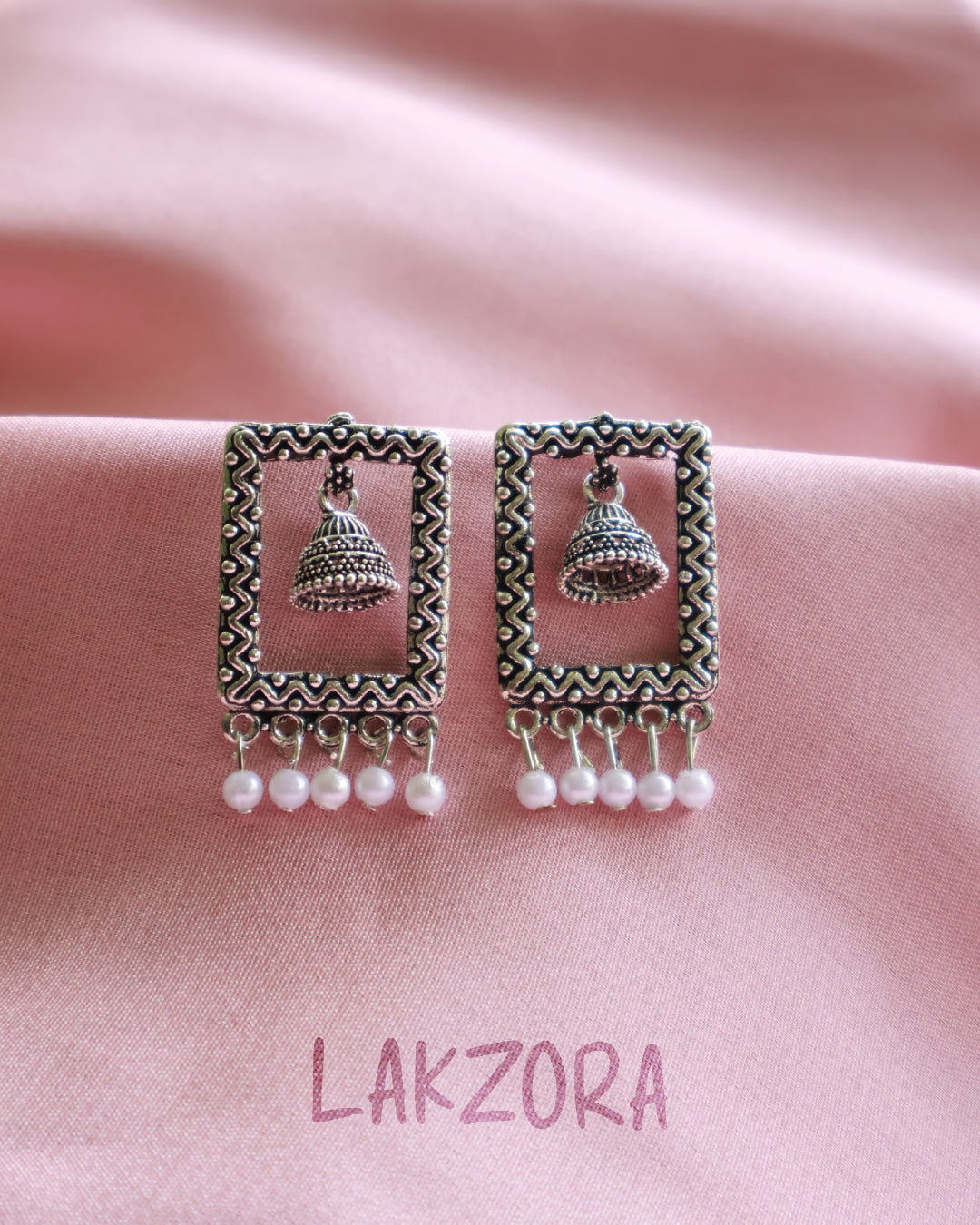 Silver Rectangular Frame Jhumka Earrings