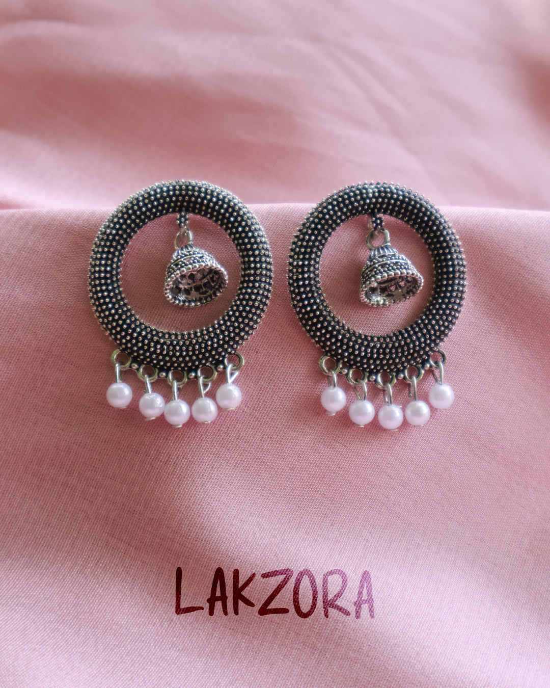 Oxidised Silver Beaded Jhumka Earrings