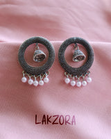 Oxidised Silver Beaded Jhumka Earrings