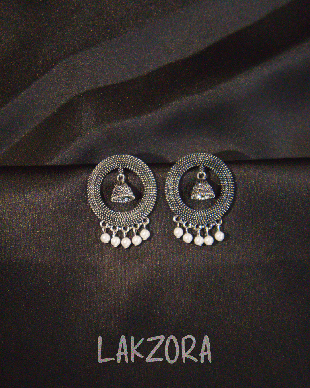 Oxidised Silver Beaded Jhumka Earrings