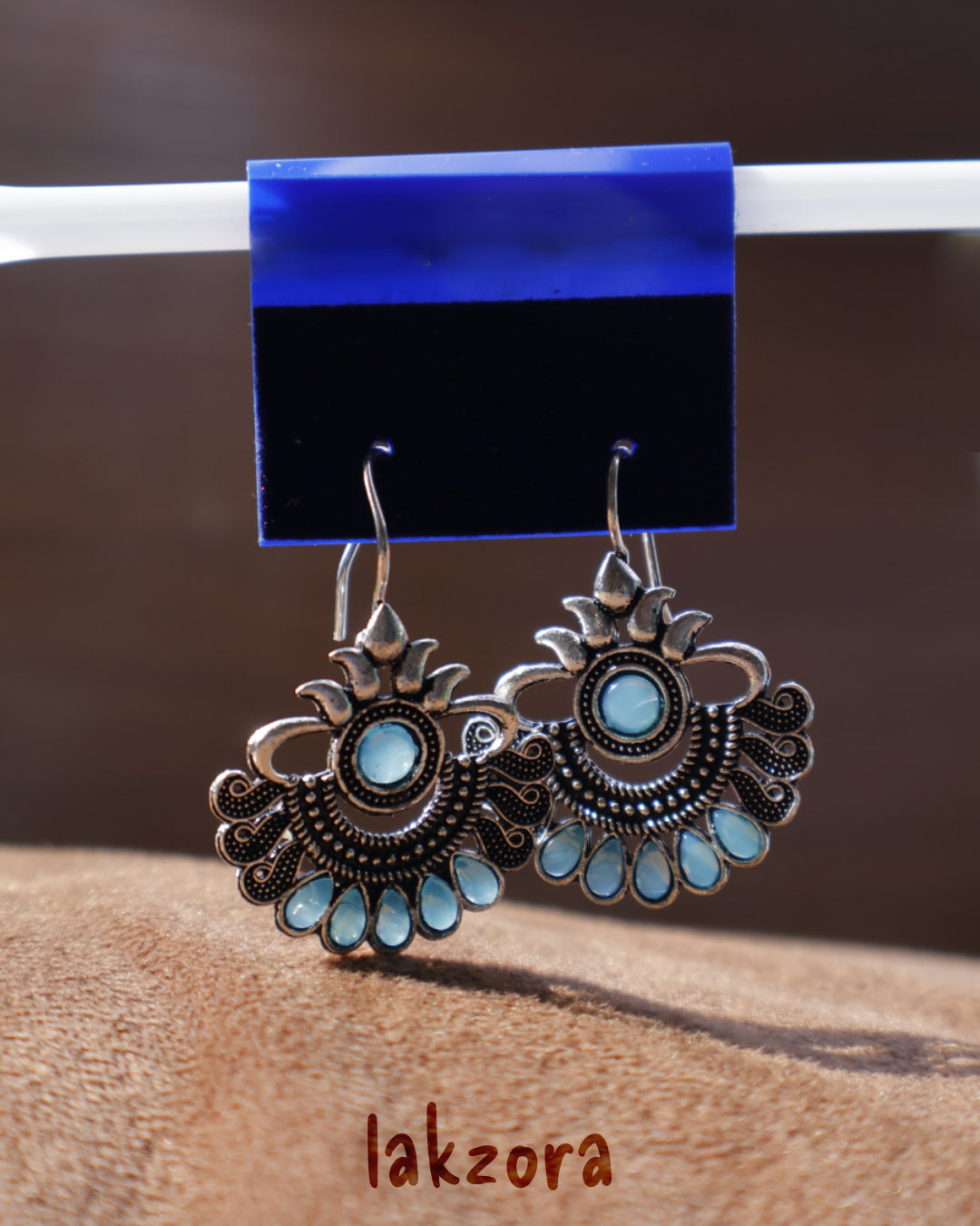 Silver Aqua-Stone Peacock Motif Earrings