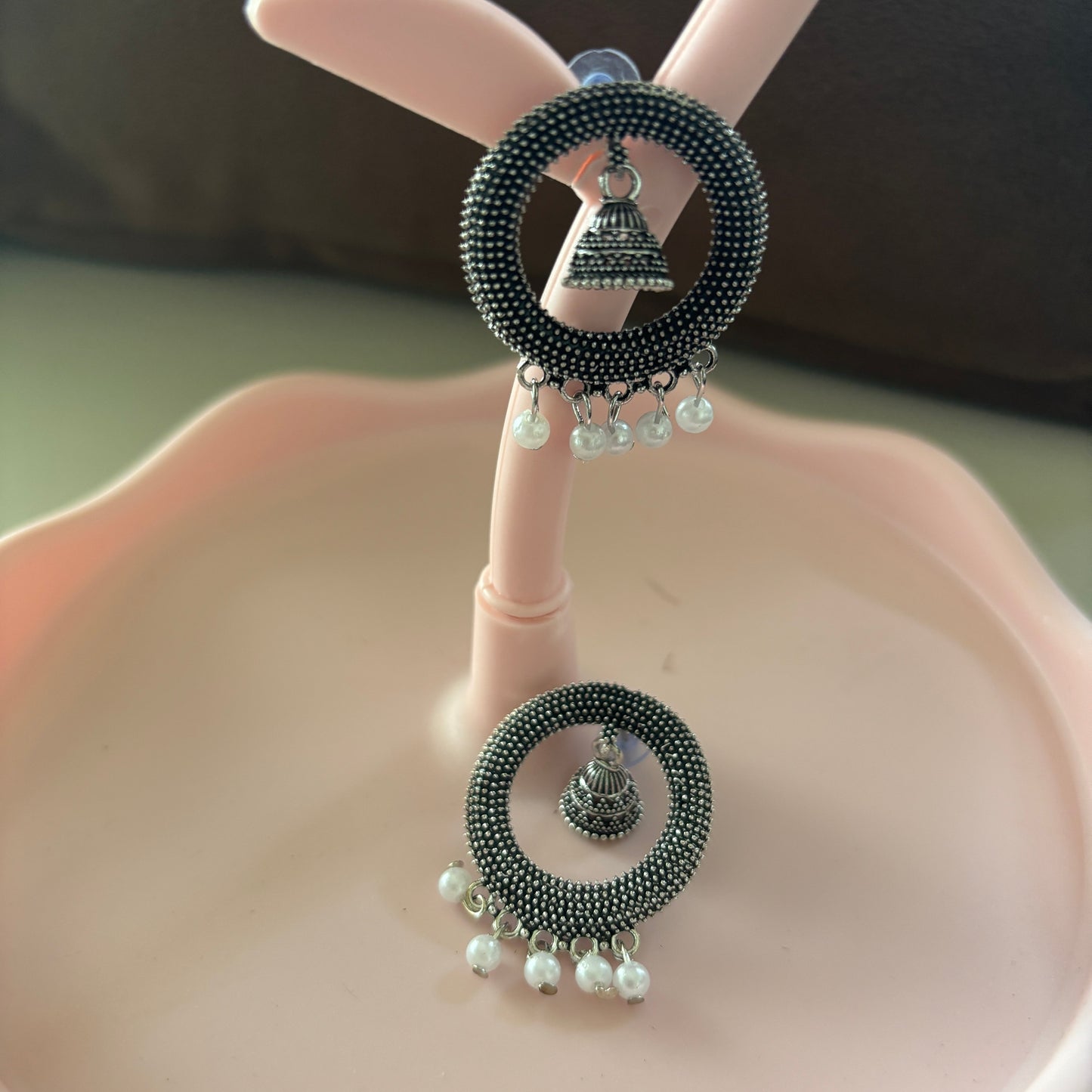 Oxidised Silver Beaded Jhumka Earrings