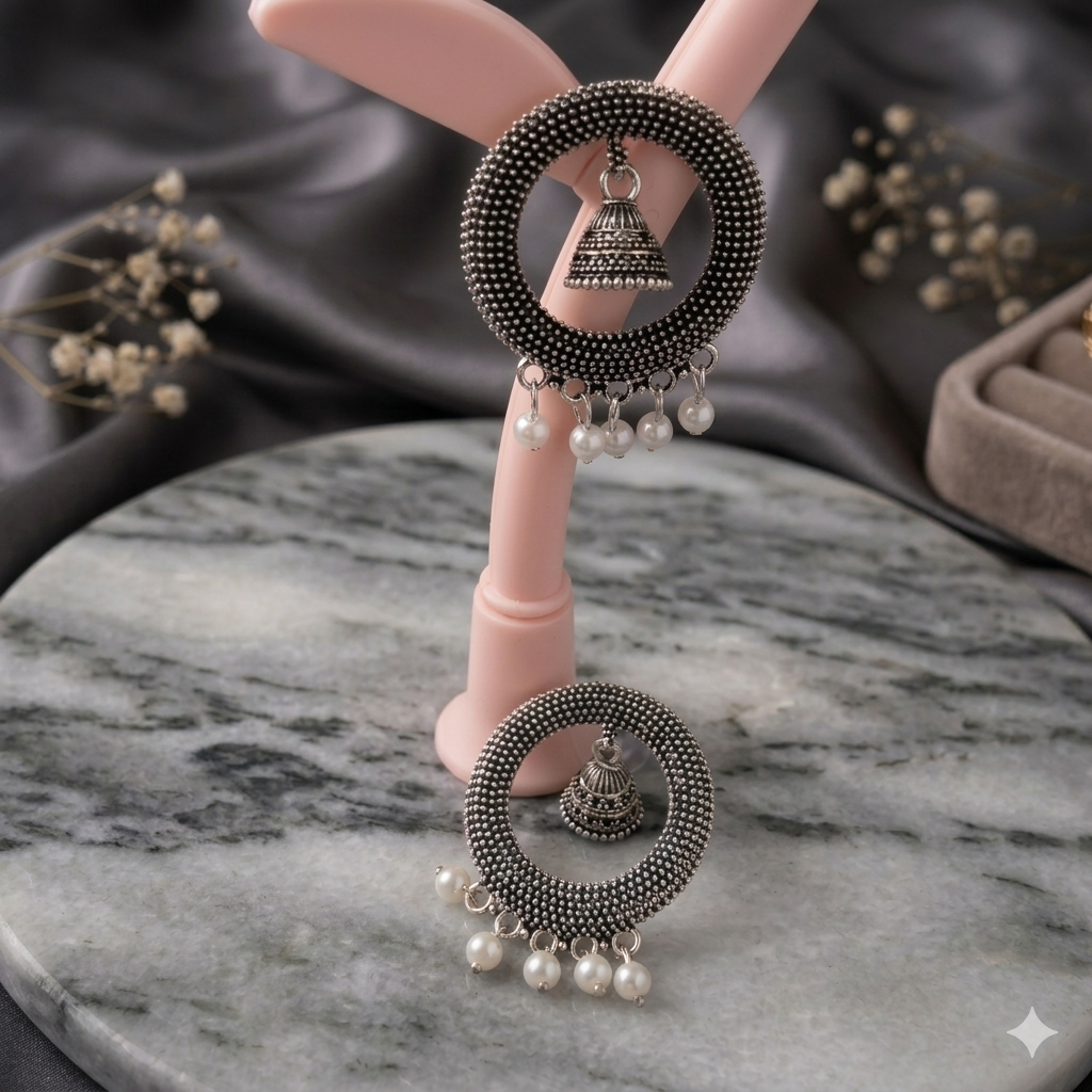 Oxidised Silver Beaded Jhumka Earrings