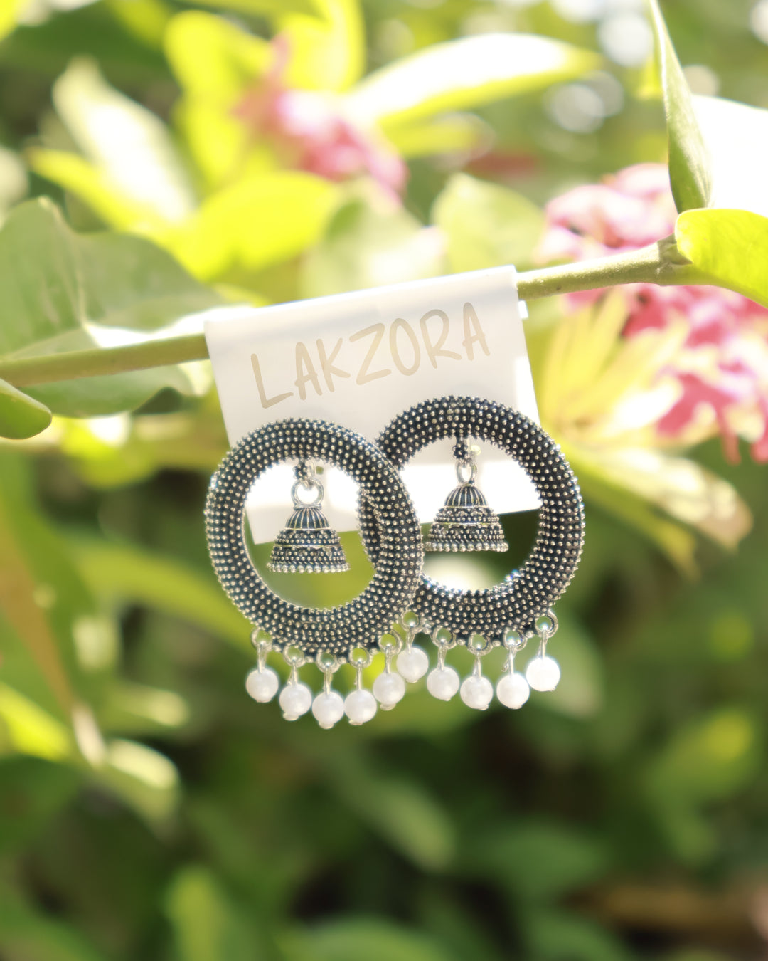 Oxidised Silver Beaded Jhumka Earrings