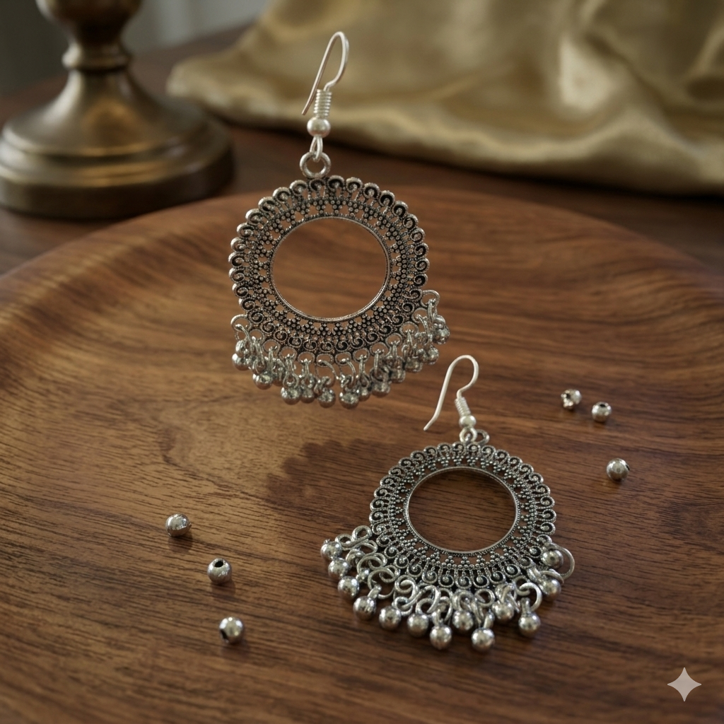 Oxidised Silver Circular Jhumka Earrings