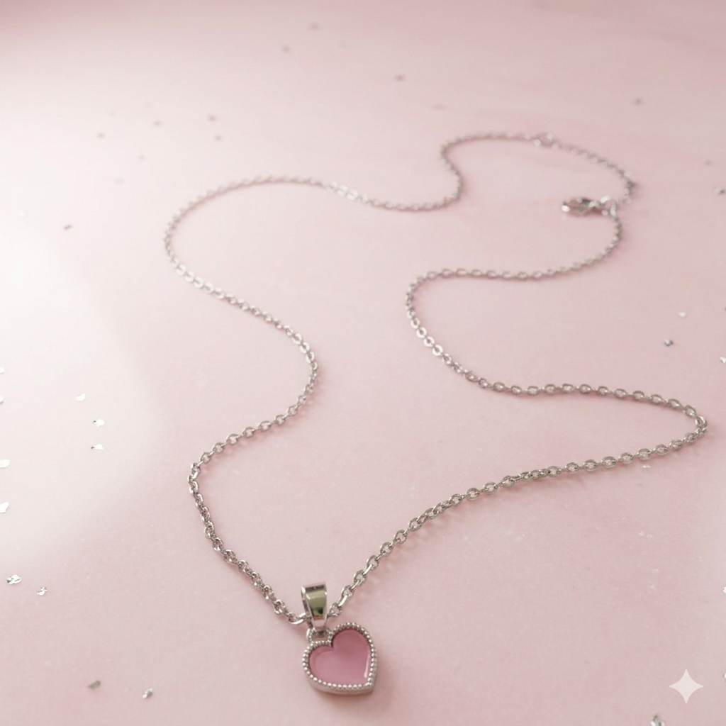 Pink Heart Pendant Silver Necklace