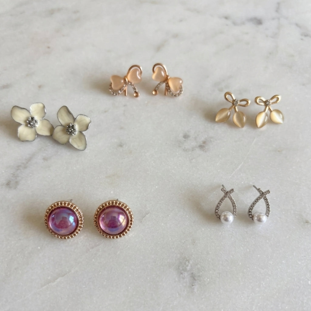 Five-Pair Anti-Tarnish Stud Earrings Combo: Blossom & Bow Elegance