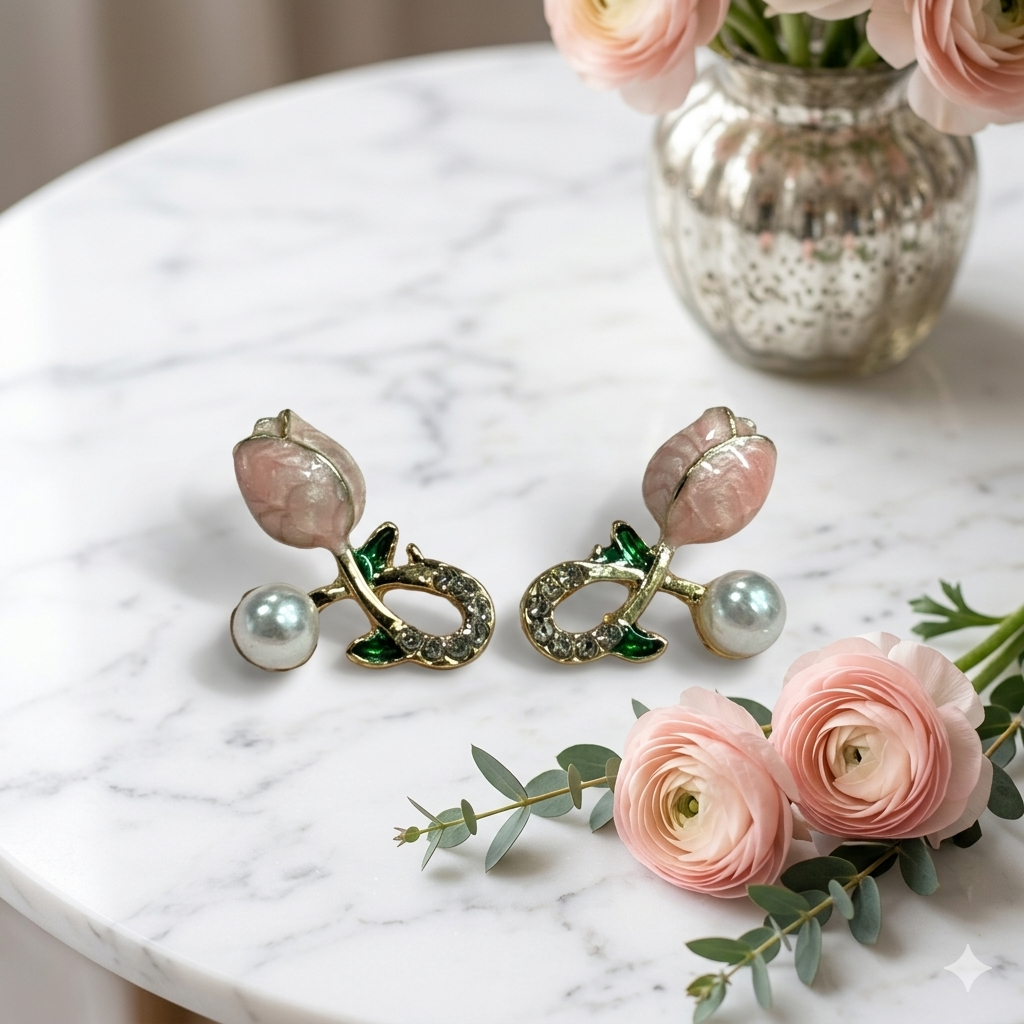 Rose‑Pearl Stud Earrings