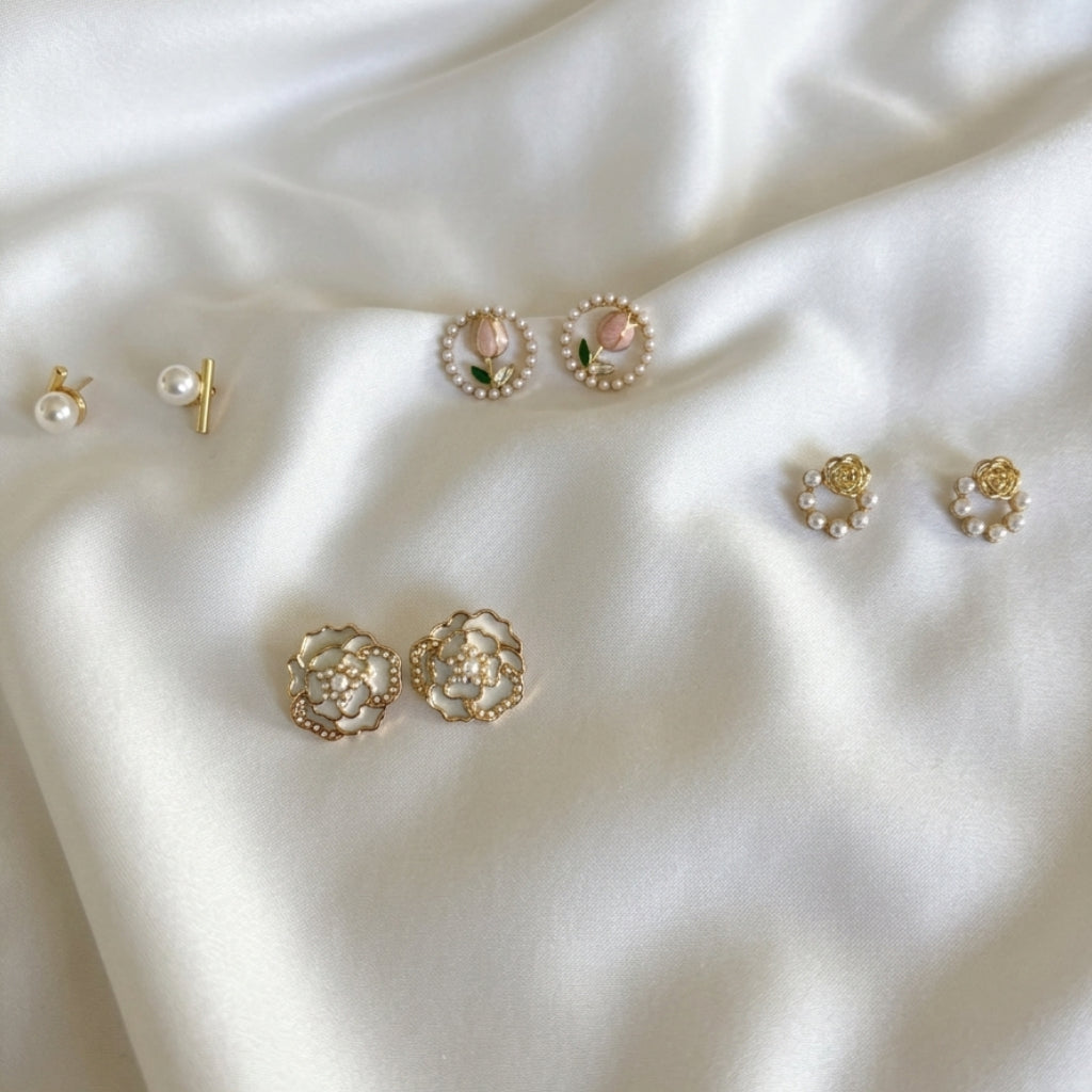 Rosé Garden Luxe – Floral & Pearl Earrings Set