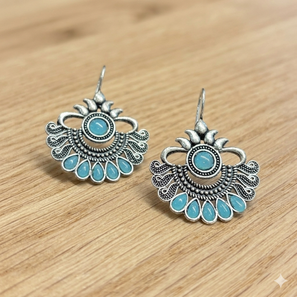 Silver Aqua-Stone Peacock Motif Earrings