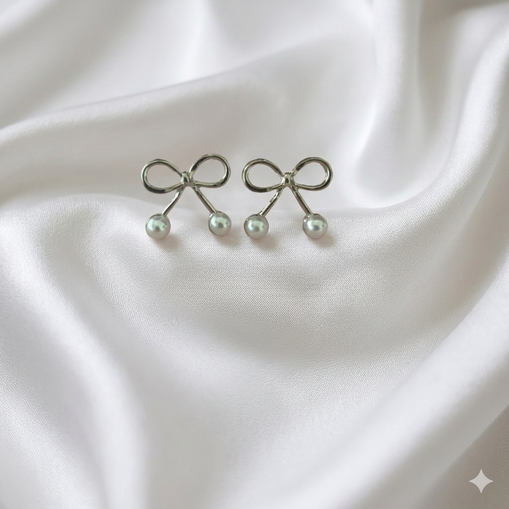 Silver Bow with Pearl Earrings