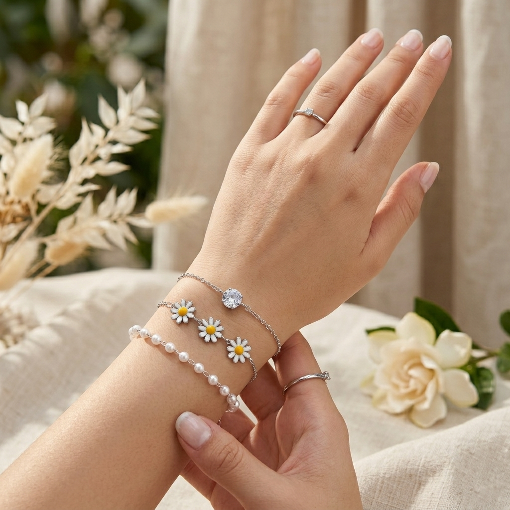 Silver Daisy Pearl Charm Bracelet Set