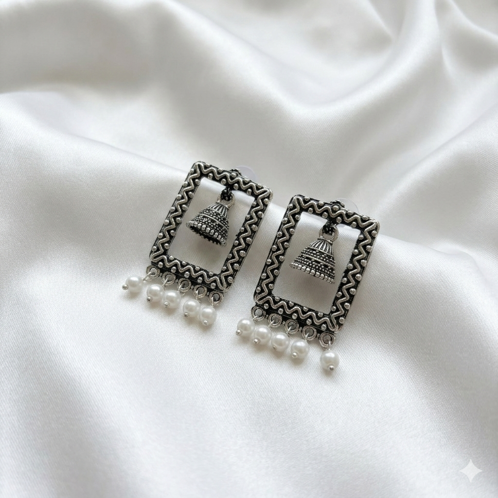 Silver Rectangular Frame Jhumka Earrings