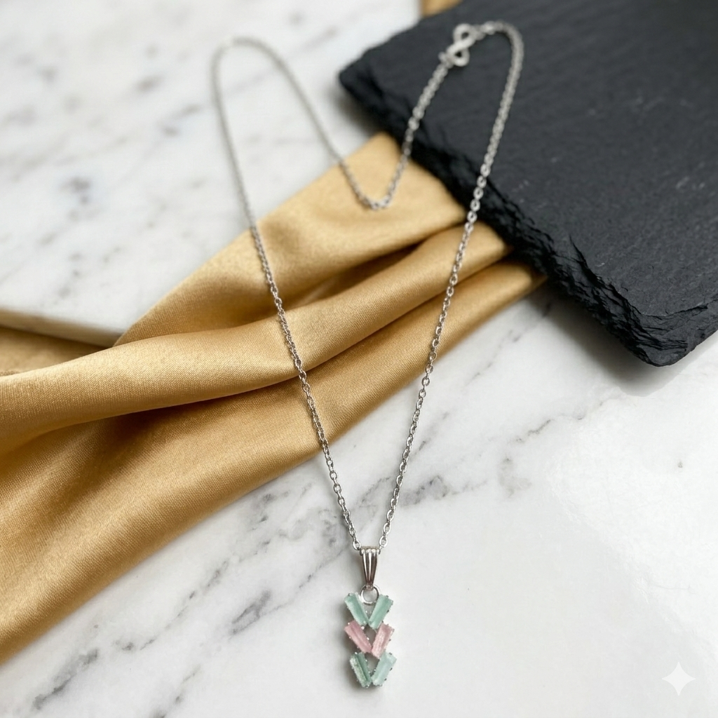 Silver Tri‑Gemstone Chevron Pendant Necklace