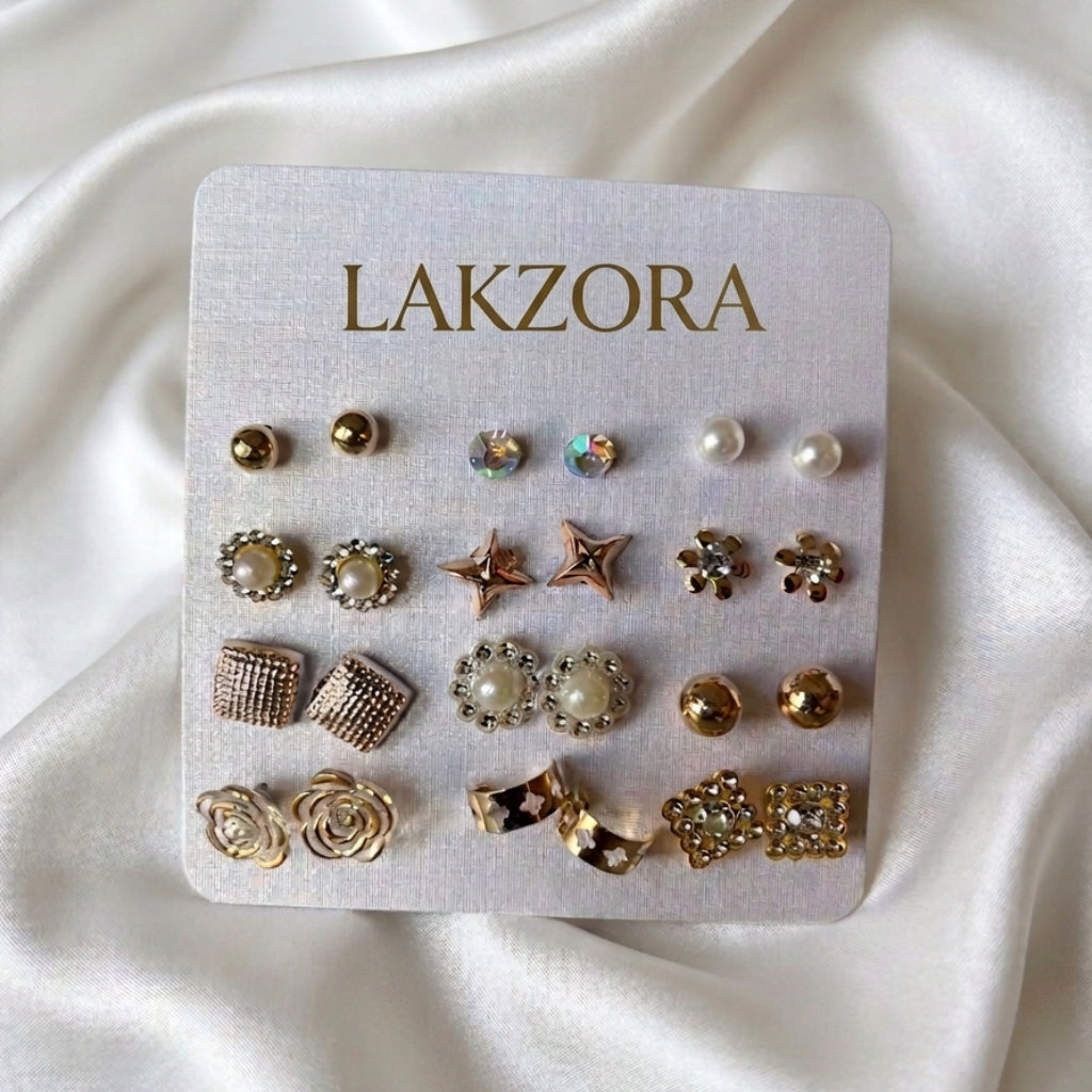 Pearl, Crystal, and Floral Stud Earrings from the Golden Grace Collection