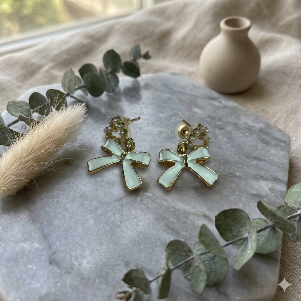 White Bow Pearl Stud Earrings