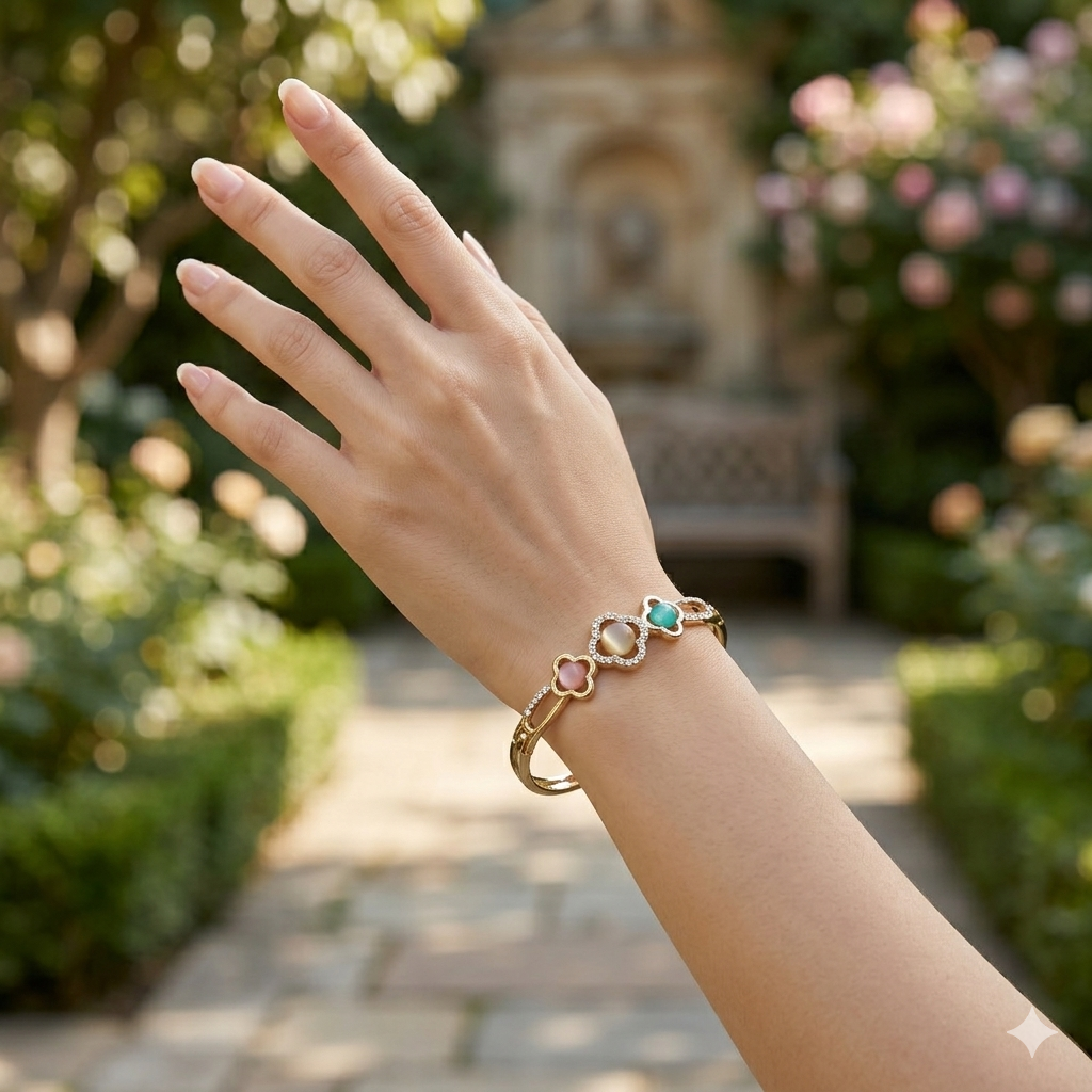 Triple Stone Clover Charm Gold Bracelet
