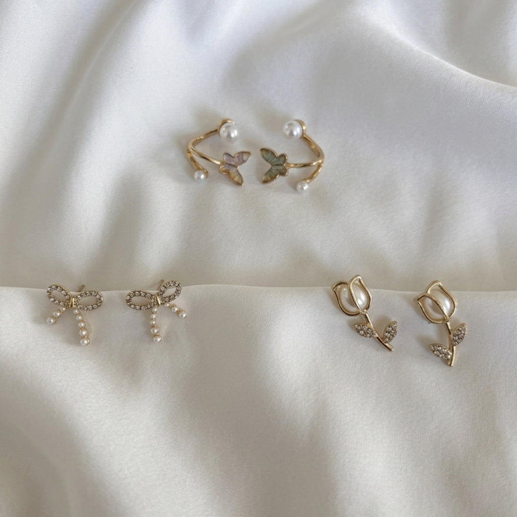 Combination Set of Anti-Tarnish Pearl Stud Earrings with Butterfly, Bow, and Floral Designs for Women