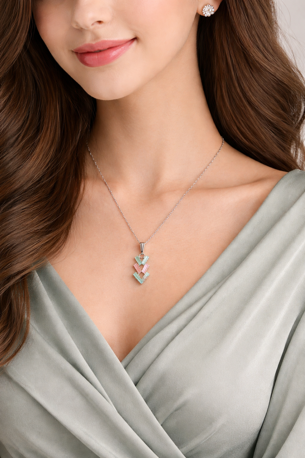 Silver Tri‑Gemstone Chevron Pendant Necklace
